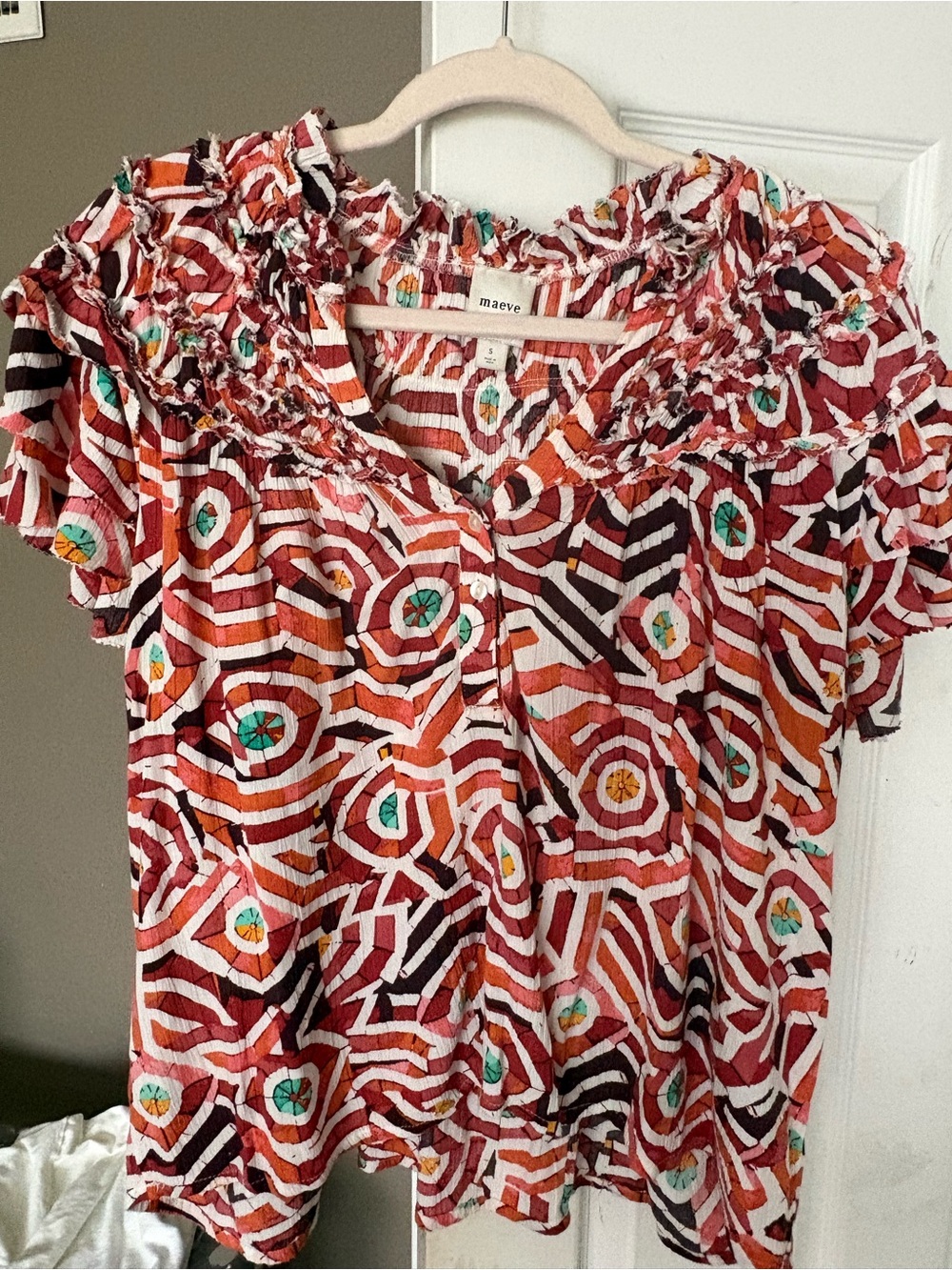 Maeve Multicolor Geometric Ruffled Short Sleeve Blouse
